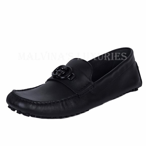GUCCI SHOES MENS LOAFERS MOCCASINS G LOGO BLACK LEATHER - Picture 4 of 15